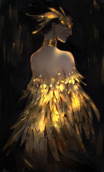 Rule 34 | 1girl, aligir art, bare shoulders, black background, black hair, choker, closed mouth, commentary, copyright request, cowboy shot, detached sleeves, earrings, english commentary, eye mask, feathers, from behind, glowing, highres, jewelry, light particles, photo-referenced, profile, solo, updo, yellow theme
