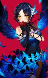 Rule 34 | 1girl, apple, asymmetrical gloves, bare shoulders, black gloves, blue dress, blue hair, blush, breasts, cleavage, dress, earrings, feather hair ornament, feathered wings, feathers, food, fruit, gijang, gloves, hair ornament, hayami kanade, idolmaster, idolmaster cinderella girls, jewelry, looking at viewer, medium breasts, open mouth, parted bangs, red background, ribbon, short hair, solo, thighs, uneven gloves, wings, yellow eyes