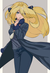 Rule 34 | 1girl, absurdres, bad id, bad pixiv id, black coat, black pants, blonde hair, breasts, cleavage, coat, creatures (company), cynthia (pokemon), eyelashes, eyes visible through hair, finger to mouth, floating hair, fur collar, fur trim, game freak, grey background, grey eyes, hair ornament, hair over one eye, highres, long hair, looking at viewer, medium breasts, nintendo, pants, pokemon, pokemon dppt, sarasa dry, simple background, solo