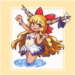 Rule 34 | 1girl, bikini, blonde hair, blue ribbon, bow, bracelet, breasts, flat chest, front-tie bikini top, front-tie top, hair bow, halterneck, horn bow, horn ornament, horn ribbon, horns, ibuki suika, jewelry, kumamoto (bbtonhk2), long hair, looking at viewer, lowres, navel, outstretched arm, pixel art, red bow, ribbon, smile, solo, swimsuit, tan, tanline, touhou, very long hair, wading, water, white bikini, white bow, yellow eyes