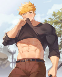 Rule 34 | 1boy, abs, bara, belt, black belt, black shirt, blonde hair, blush, brown pants, clothes lift, cloud, day, granblue fantasy, green eyes, higashigunkan, large pectorals, lifting own clothes, looking at viewer, male focus, muscular, muscular male, navel, outdoors, pants, pectorals, shirt, shirt lift, short hair, sky, sleeves rolled up, solo, sweat, sweatdrop, vane (granblue fantasy)