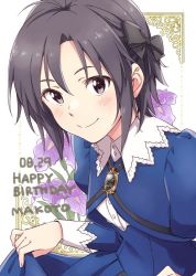 Rule 34 | 1girl, antenna hair, bad id, bad twitter id, black bow, black eyes, black hair, blue dress, bow, brooch, character name, commentary, curtsey, dated, demirinz, dress, floral background, flower, hair bow, happy birthday, idolmaster, idolmaster (classic), jewelry, kikuchi makoto, long sleeves, looking at viewer, puffy sleeves, short hair, smile, solo, upper body