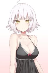 Rule 34 | &gt;:(, 1girl, ahoge, bare arms, bare shoulders, blush, bow, breasts, cleavage, fate/grand order, fate (series), frown, gradient background, highres, jeanne d&#039;arc (fate), jeanne d&#039;arc alter (avenger) (fate), jeanne d&#039;arc alter (fate), lingerie, looking at viewer, medium breasts, negligee, nenosame, pink background, pink bow, short hair, silver hair, solo, spaghetti strap, tsurime, underwear, underwear only, upper body, v-shaped eyebrows, yellow eyes
