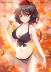 Rule 34 | 1girl, artist name, autumn leaves, bad id, bad pixiv id, bare arms, bare shoulders, bikini, black bikini, black hair, blurry, blurry background, breasts, character name, chinese commentary, cleavage, collarbone, commentary request, cowboy shot, dated, front-tie bikini top, front-tie top, gluteal fold, groin, hair between eyes, halterneck, hand up, hat, highres, holding, holding leaf, large breasts, leaf, lips, looking at viewer, navel, red eyes, sarong, see-through, shameimaru aya, short hair, solo, standing, stomach, swimsuit, tassel, thighs, tokin hat, touhou, yozi