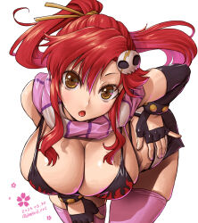 Rule 34 | 1girl, :o, amania orz, bikini, bikini top only, blush, breasts, cleavage, dated, fingerless gloves, gloves, hair ornament, hair stick, large breasts, leaning forward, long hair, pink thighhighs, ponytail, red hair, scarf, short shorts, shorts, skull hair ornament, solo, striped clothes, striped scarf, studded bracelet, swimsuit, tengen toppa gurren lagann, thighhighs, white background, yellow eyes, yoko littner