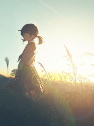 Rule 34 | 1girl, absurdres, black hair, blue eyes, blue sailor collar, blue skirt, blue sky, blunt bangs, blurry, blurry background, clear sky, closed mouth, dawn, grass, highres, long sleeves, looking at viewer, nature, oka kojiro, original, outdoors, pleated skirt, sailor collar, scenery, school uniform, serafuku, shirt, short twintails, skirt, sky, solo, standing, sunrise, twintails, wheat field, white shirt
