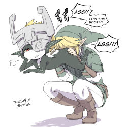 Rule 34 | 1boy, 1girl, ass, ass grab, blonde hair, boots, bored, butt crack, face in ass, floating, hard-translated, hat, helmet, hetero, kanya pyi, knee boots, link, midna, nintendo, pointy ears, red eyes, the legend of zelda, the legend of zelda: twilight princess, third-party edit, tunic