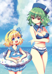 Rule 34 | 2girls, age difference, alice margatroid, alice margatroid (pc-98), alternate costume, bad id, bad pixiv id, bare shoulders, bikini, blonde hair, blue eyes, bow, bra, breasts, cleavage, cloud, collarbone, cowboy shot, day, detached collar, eye contact, green hair, hair bow, hairband, height difference, innertube, kazami yuuka, large breasts, looking at another, midriff, multiple girls, navel, neckerchief, ocean, red eyes, rimei, school uniform, serafuku, short hair, skirt, sky, sleeveless, smile, sparkle, standing, strapless, strapless bra, swim ring, swimsuit, thighs, touhou, touhou (pc-98), underwear