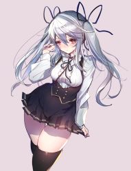 Rule 34 | 1girl, black thighhighs, blush, breasts, character request, grey background, guilty gear, long hair, looking at viewer, oro (sumakaita), purple eyes, silver hair, simple background, skirt, solo, sweatdrop, thighhighs, twintails, vest