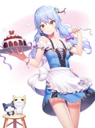 Rule 34 | 1girl, animal, apron, bare shoulders, blue dress, bow, breasts, brown eyes, cake, cat, chocolate cake, closed mouth, collarbone, commentary request, dress, food, frilled apron, frills, fruit, hair between eyes, hair bow, hair ornament, heart, highres, holding, holding plate, long hair, looking at viewer, low twintails, off-shoulder dress, off shoulder, original, pastry, plate, purple bow, ririko (zhuoyandesailaer), small breasts, solo, sparkle, stool, strawberry, twintails, waist apron, white apron, white background, white bow