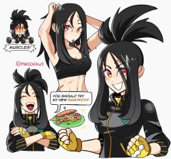 Rule 34 | 1girl, black hair, black jacket, breasts, creatures (company), cross scar, dendra (pokemon), exercising, fingerless gloves, food, game freak, gloves, hair down, highres, jacket, long hair, looking at viewer, mag (magdraws), medium breasts, midriff, multiple views, nintendo, open mouth, pokemon, pokemon sv, ponytail, sandwich, scar, scar on face, scar on forehead, smile, solo, speech bubble, track jacket, weightlifting, yellow gloves