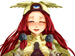 Rule 34 | 1girl, arc system works, blazblue, blazblue: continuum shift, blue eyes, blush, breasts, cape, gloves, hair tubes, handjob, hat, head wings, highres, lips, long hair, military, military uniform, one eye closed, paizuri, paizuri over clothes, penis, red hair, solo focus, tsubaki yayoi, uniform, wings, wink, yuo (pixiv18987)