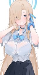 Rule 34 | 1girl, asuna (blue archive), black choker, black skirt, blue archive, blue bow, blue bowtie, blue eyes, blue halo, blue ribbon, blue scrunchie, blush, bow, bowtie, bra visible through clothes, breasts, brown hair, button gap, choker, duplicate, eyes visible through hair, hair over one eye, hair ribbon, halo, highres, large breasts, long hair, looking at viewer, mikozin, pixel-perfect duplicate, ribbon, school uniform, scrunchie, shirt, simple background, skirt, solo, white background, white shirt, wrist scrunchie