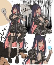 Rule 34 | 1girl, black bow, black thighhighs, blunt bangs, blush, bow, breasts, cleavage, collared shirt, criis-chan, english text, fishnet thighhighs, fishnets, frown, full body, garter straps, ghost, hair bow, holding, holding skull, holding snowflake, long hair, medium breasts, multicolored hair, multiple views, panty &amp; stocking with garterbelt, puffy short sleeves, puffy sleeves, pumpkin, shirt, shoes, short sleeves, shorts, skull, snowflakes, speech bubble, standing, stocking (psg), striped clothes, striped shirt, striped shorts, the nightmare before christmas, thighhighs, two-tone hair, white background, white thighhighs, zero (nbc)