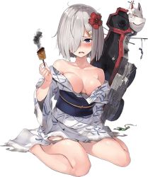 Rule 34 | 10s, 1girl, blue eyes, breasts, female focus, flower, hamakaze (kancolle), japanese clothes, kantai collection, kimono, large breasts, lowres, official art, parsley-f, silver hair, simple background, smoke, solo, tears, yukata