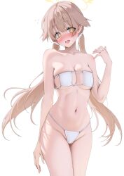 Rule 34 | 1girl, bare arms, bare legs, bare shoulders, bikini, blue archive, blush, breasts, collarbone, cowboy shot, groin, halo, hifumi (blue archive), highres, light brown hair, long hair, looking at viewer, low twintails, navel, open mouth, simple background, small breasts, solo, swimsuit, teeth, twintails, upper teeth only, white background, white bikini, yampa, yellow eyes, yellow halo