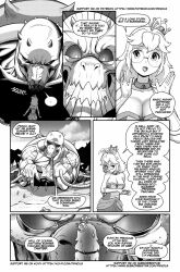 Rule 34 | 1boy, 1girl, breasts, cleavage, comic, crown, dress, father and daughter, giant, glasses, greyscale, highres, jewelry, lakitu, large breasts, left-to-right manga, mario (series), medium breasts, mini crown, monochrome, monster, necklace, new super mario bros. u deluxe, nintendo, short hair, speech bubble, super crown, tony kuusisto, turtle