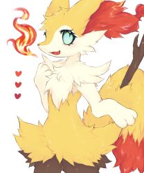 Rule 34 | 1girl, :3, absurdres, animal ear fluff, animal ears, animal hands, animal nose, black fur, blue eyes, blush, body fur, braixen, cowboy shot, creatures (company), fang, female focus, fire, flat chest, fox ears, fox girl, fox tail, furry, furry female, game freak, gen 6 pokemon, hand on own chest, hand up, happy, heart, highres, light blush, looking at viewer, multicolored fur, neck fur, nintendo, open mouth, pokemon, pokemon (creature), sideways mouth, simple background, smile, snout, solo, standing, stick, tail, torapuff, white background, white fur, yellow fur
