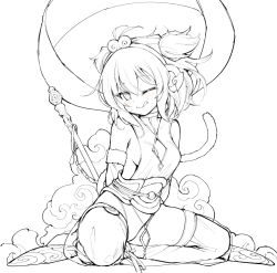 Rule 34 | 1girl, :d, alphy, andira (granblue fantasy), animal ears, breasts, cleavage, cleavage cutout, clothing cutout, detached leggings, detached sleeves, erune, flying nimbus, granblue fantasy, greyscale, hagoromo, highres, monkey ears, monkey girl, monkey tail, monochrome, one eye closed, open mouth, headpat, shawl, smile, solo, tail