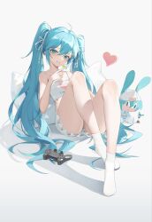 Rule 34 | 1girl, absurdres, aqua hair, artist request, candy, controller, food, game controller, hatsune miku, highres, lollipop, long hair, no shoes, pillow, sitting, socks, twintails, very long hair, vocaloid, white socks