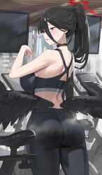 Rule 34 | 1girl, alternate costume, ass, bare arms, bare shoulders, black choker, black hair, black pants, black sports bra, blue archive, blush, breasts, choker, from behind, hair between eyes, halo, hasumi (blue archive), highres, hood (james x), indoors, large breasts, long hair, low wings, pants, parted lips, ponytail, red eyes, red halo, solo, sports bra, steam, television, thighs, treadmill, wings, yoga pants