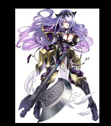 Rule 34 | 1girl, angry, armor, axe, black armor, black footwear, black panties, boots, breast hold, breasts, camilla (fire emblem), capelet, cleavage, female focus, fire emblem, fire emblem fates, fire emblem heroes, full body, hair over one eye, high heel boots, high heels, highres, holding, holding axe, holding weapon, injury, large breasts, leather, lips, loincloth, long hair, maeshima shigeki, nintendo, official art, panties, purple eyes, purple hair, ryona, shiny clothes, shiny skin, solo, teeth, thigh boots, thighhighs, tiara, torn clothes, torn loincloth, torn thighhighs, transparent background, underwear, vambraces, very long hair, wavy hair, weapon