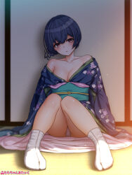 Rule 34 | 1girl, against wall, arms at sides, artist name, bare shoulders, blue hair, blue kimono, blurry, blurry background, blurry foreground, blush, breasts, brown eyes, cleavage, commentary request, depth of field, floral print, full body, hair between eyes, head tilt, highres, idolmaster, idolmaster shiny colors, indoors, japanese clothes, kimono, knees together feet apart, knees up, light particles, long sleeves, looking at viewer, medium breasts, momo-chan atakku, morino rinze, no shoes, obi, obijime, off shoulder, on floor, panties, parted lips, print kimono, sash, shade, shadow, short hair, sitting, sleeves past fingers, sleeves past wrists, solo, tabi, tatami, underwear, upskirt, white panties