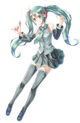 Rule 34 | aqua eyes, aqua hair, conductor baton, black thighhighs, blush, boots, detached sleeves, hatsune miku, looking at viewer, parsley-f, simple background, skirt, smile, solo, thigh boots, thighhighs, twintails, vocaloid, zettai ryouiki
