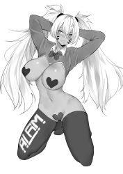 Rule 34 | 1girl, arms behind head, bow, bowtie, breasts, commission, curvy, full body, greyscale, heart maebari, heart pasties, highres, kneeling, large breasts, long hair, maebari, monochrome, navel, norman maggot, pasties, revealing clothes, shrug (clothing), simple background, solo, thighhighs, twintails, white background