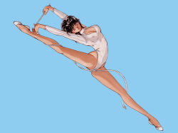Rule 34 | 1girl, arched back, arms up, artist request, athletic leotard, bad anatomy, bad proportions, ballet slippers, bare legs, black hair, blue background, breasts, character request, cleavage, cleavage cutout, clothing cutout, copyright request, grey eyes, gymnastics, highleg, highleg leotard, large breasts, leg lift, leotard, looking at viewer, no bra, non-web source, poorly drawn, rhythmic gymnastics, rope, short hair, simple background, solo, split, spread legs, standing, standing on one leg, toe-point, white leotard, wrapped