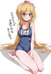 Rule 34 | 1girl, absurdres, aged down, barefoot, blonde hair, blush, bow, full body, hair between eyes, hair bow, highres, idolmaster, idolmaster cinderella girls, kurosaki chitose, long hair, looking at viewer, name tag, off shoulder, pink bow, pizzasi, red eyes, school swimsuit, simple background, sitting, smile, solo, swimsuit, thighs, white background