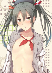 Rule 34 | 1girl, alternate costume, areola slip, arms at sides, beret, blouse, blush, breasts, clothes down, collarbone, cosplay, epaulettes, green hair, grey hair, grey shirt, hair between eyes, hair ribbon, hat, jacket, unworn jacket, kanden sky, kantai collection, kashima (kancolle), kashima (kancolle) (cosplay), long hair, looking at viewer, military, military uniform, navel, no bra, open clothes, open mouth, open shirt, ribbon, shirt, small breasts, solo, stomach, twintails, uniform, upper body, zuikaku (kancolle)