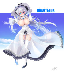 Rule 34 | 1girl, azur lane, blue eyes, blush, breasts, c.r., character name, cleavage, dress, elbow gloves, gloves, hair ornament, hat, highres, illustrious (azur lane), large breasts, long hair, looking at viewer, low twintails, md5 mismatch, mole, mole under eye, panties, resolution mismatch, smile, solo, source larger, thighhighs, twintails, underwear, very long hair, white dress, white gloves, white hair, white thighhighs