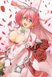 Rule 34 | 1girl, ahoge, blue eyes, breasts, bustier, cleavage, cleavage cutout, clothing cutout, clover, cocoa (cocoa0191), dress, elphelt valentine, four-leaf clover, guilty gear, guilty gear xrd, gun, handgun, hat, huge ahoge, large breasts, petals, pink dress, pink hair, short hair, smile, solo, veil, weapon