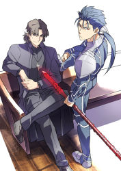 Rule 34 | 2boys, blue hair, brown eyes, brown hair, cross, cross necklace, cu chulainn (fate), earrings, fate/stay night, fate (series), gae bolg (fate), jewelry, kon manatsu, kotomine kirei, cu chulainn (fate/stay night), crossed legs, long hair, male focus, multiple boys, necklace, pew, polearm, ponytail, red eyes, sexy44, sitting, spear, weapon