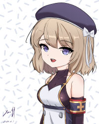 Rule 34 | 1girl, :d, absurdres, armband, azur lane, bare shoulders, beret, black hat, blue eyes, bow, breasts, brown hair, brown sleeves, collarbone, commentary request, covered collarbone, dated, detached sleeves, hair between eyes, hat, hat bow, highres, long sleeves, looking at viewer, medium breasts, open mouth, rock zinc, signature, simple background, smile, solo, teeth, upper body, upper teeth only, white background, white bow, z23 (azur lane)