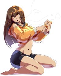 Rule 34 | 1girl, bike shorts, black shorts, blizzardingpike, brown hair, clothes lift, dolphin, guilty gear, guilty gear strive, hood, hoodie, lifted by self, long hair, long sleeves, looking to the side, may (guilty gear), mr. dolphin (guilty gear), navel, open mouth, orange eyes, orange hoodie, shirt lift, shorts, sitting, wariza