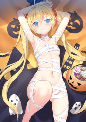 Rule 34 | 1girl, @ @, alexmaster, armpits, arms up, bandages, blonde hair, blue eyes, breasts, candy, closed mouth, convenient leg, food, gluteal fold, hair ribbon, halloween, halloween bucket, knee up, lollipop, long hair, looking at viewer, lying, naked bandage, on back, original, ribbon, small breasts, solo, swirl lollipop, twintails, very long hair