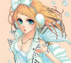 Rule 34 | 1girl, aqua eyes, arm belt, arm tattoo, bare shoulders, blonde hair, blue eyes, bow, breasts, buckle, collarbone, cup, dress, earmuffs, feathered wings, gem, hair bow, kagamine rin, lips, long hair, looking at viewer, number tattoo, open clothes, open vest, orange background, pearl (gemstone), pink lips, simple background, small breasts, solo, star (symbol), strapless, strapless dress, tattoo, upper body, vest, vocaloid, white bow, white dress, white vest, white wings, wings, yunomi, yunomi (yunomi imonuy)