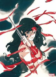 Rule 34 | 1girl, animification, arm strap, black eyes, black hair, comic cover, copyright name, cover image, elektra natchios, hair behind ear, hairband, halter shirt, halterneck, highres, holding, holding weapon, logo, looking at viewer, marvel, official art, peach momoko, red hairband, red ribbon, red shirt, ribbon, sai (weapon), shirt, solo, weapon