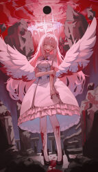 Rule 34 | 1girl, absurdres, angel wings, aspih sp, black footwear, blood, blood on clothes, blood on face, blue archive, breasts, capelet, crazy smile, crying, crying with eyes open, dress, frilled dress, frills, halo, high heels, highres, long hair, looking at viewer, medium breasts, mika (blue archive), open mouth, pantyhose, pink hair, pink halo, smile, solo, standing, tears, white capelet, white dress, white pantyhose, white wings, wings, yellow eyes