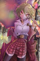 Rule 34 | &gt;:), 1girl, absurdres, adapted costume, ahoge, belt, black belt, coat, collared shirt, commentary, cowboy shot, earrings, english commentary, flower pin, garter straps, green hair, highres, holding, holding umbrella, jewelry, kazami yuuka, looking at viewer, messy hair, off-shoulder coat, off shoulder, pink nails, plaid, plaid coat, plaid skirt, rain, red coat, red eyes, shirt, short hair, skindentation, skirt, smile, solo, the land druid, thighhighs, touhou, umbrella, v-shaped eyebrows, white shirt
