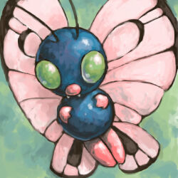 Rule 34 | alternate color, antennae, blue background, bug, butterfly, butterfree, commentary, creatures (company), english commentary, fangs, game freak, gen 1 pokemon, green eyes, insect, legs together, nintendo, no humans, pink wings, pokemon, pokemon (creature), sailorclef, shiny pokemon, solid eyes, solo, wings