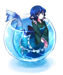 1girl blue_eyes blue_hair fins fishbowl frilled_kimono frills green_kimono head_fins highres japanese_clothes kimono long_sleeves mermaid monster_girl obi sash simple_background solo touhou umino_(anesthesia) wakasagihime white_background