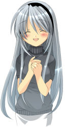 Rule 34 | 00s, 1girl, :d, blush, clannad, closed eyes, hairband, izumi rei, long hair, open mouth, own hands together, sakagami tomoyo, silver hair, simple background, smile, solo, white background