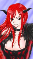 Rule 34 | 10s, 1girl, breasts, cleavage, cosplay, erza scarlet, fairy tail, horns, large breasts, maou (maoyuu) (cosplay), maoyuu maou yuusha, red hair, smile, solo