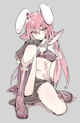 Rule 34 | 1girl, animal ears, arutopian, blush, boots, bra, brown bra, brown footwear, brown gloves, capelet, closed mouth, commentary request, full body, gloves, grey background, hair between eyes, high collar, looking at viewer, mage (ragnarok online), navel, pelvic curtain, pink eyes, pink hair, rabbit ears, ragnarok online, simple background, sitting, solo, underwear, white capelet