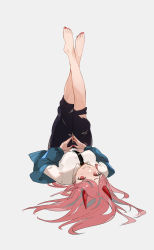 Rule 34 | 1girl, @ @, barefoot, black necktie, black pants, blue jacket, breasts, chainsaw man, commentary request, demon girl, demon horns, feet, grey background, highres, horns, jacket, legs, legs up, looking at viewer, lying, medium breasts, nail polish, necktie, off shoulder, on back, own hands together, pants, pink eyes, pink hair, pink nails, power (chainsaw man), rero (bigdoorbig2), ringed eyes, sharp teeth, simple background, solo, teeth, toenail polish, toenails, toes