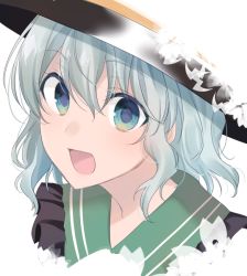 Rule 34 | 1girl, :d, asa (coco), black hat, commentary request, flower, frilled shirt collar, frills, green eyes, green hair, hair between eyes, hat, komeiji koishi, looking at viewer, open mouth, portrait, short hair, simple background, smile, solo, touhou, white background