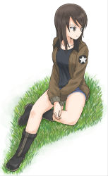 Rule 34 | 1girl, alternate costume, black footwear, black shirt, blue shorts, boots, brown jacket, closed mouth, commentary, cutoffs, emblem, girls und panzer, grass, jacket, long sleeves, looking to the side, mika (girls und panzer), military, military uniform, mutsu (layergreen), open clothes, open jacket, saunders military uniform, shirt, short shorts, shorts, simple background, sitting, smile, solo, star (symbol), uniform, white background